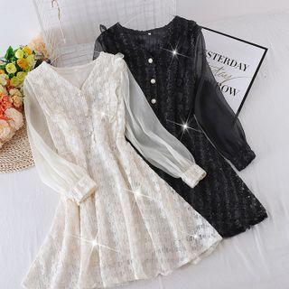 V-neck Mesh Panel Lace Long-sleeve Dress