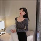 Long-sleeve Dotted Fitted Top