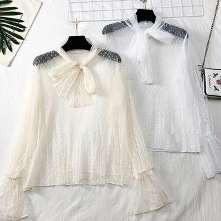 Ribbon-neckline Sheer Mesh Top