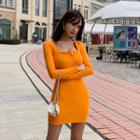 Square-neck Button-trim Bodycon Dress