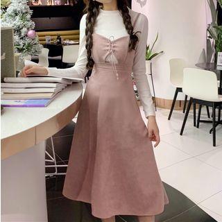 Long-sleeve T-shirt / Spaghetti Strap Midi A-line Dress