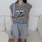 Cap-sleeve Mickey Mouse Print Striped T-shirt