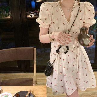 Puff-sleeve V-neck Lace Panel Drawstring Printed Dress