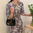 Puff-sleeve Floral Midi A-line Dress Purple - One Size