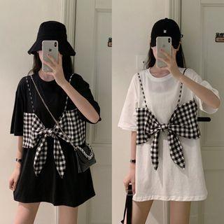 Mock Two-piece Elbow-sleeve Plaid T-shirt