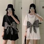 Mock Two-piece Elbow-sleeve Plaid T-shirt