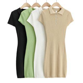 Short-sleeve Polo-neck Knit Sheath Dress