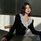 V-neck Lace Slim-fit Button-up Top