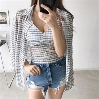 Set: Long-sleeve Sheer Plaid Shirt + Camisole Top