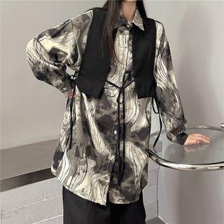 Set: Long Sleeve Print Button-up Shirt + Lace-up Cropped Vest Set: Vest + Shirt - One Size