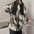Set: Long Sleeve Print Button-up Shirt + Lace-up Cropped Vest Set: Vest + Shirt - One Size