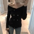 Long-sleeve Off-shoulder Double-breasted Knit Top