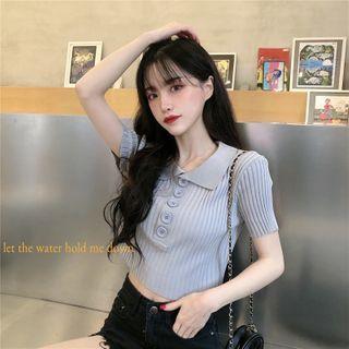 Short-sleeve Polo-neck Ribbed Knit Top