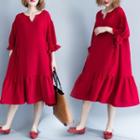 3/4-sleeve Midi Ruffle Trim Dress Wine Red - One Size