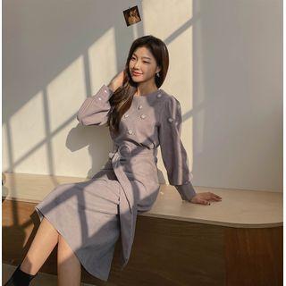 Beaded-flower Long Corduroy Dress With Belt