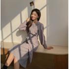 Beaded-flower Long Corduroy Dress With Belt