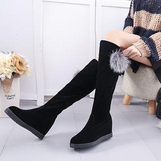 Wedge Pompom Long Boots