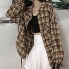 Cropped Camisole Top / Plaid Long-sleeve Shirt / Mini A-line Pleated Skirt / Set