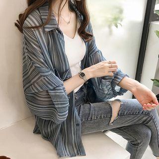 Plus Size Long-sleeve Striped Chiffon Shirt