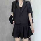 Elbow-sleeve One-button Blazer / Pleated Mini A-line Skirt