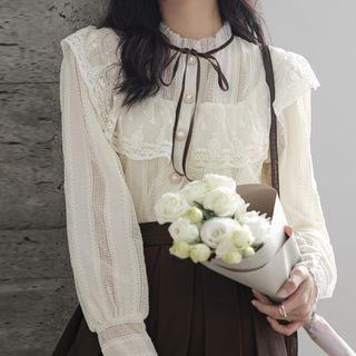 Puff-sleeve Tie-neck Lace Trim Shirt