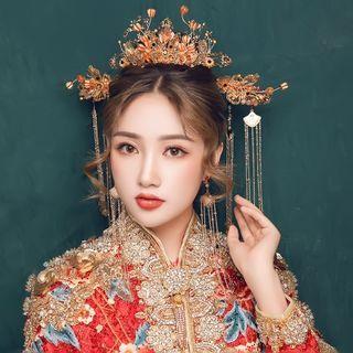 Set: Wedding Branches Hair Comb + Fringed Earring + Hair Stick Set - Gold - One Size