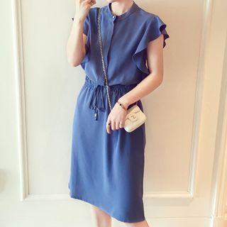 Frill Trim Drawstring Sleeveless Chiffon Dress