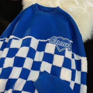 Letter Embroidered Checkered Sweater