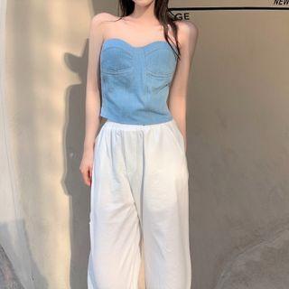 Denim Strapless Top / Wide Leg Pants