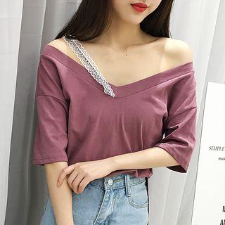 Lace Strap Short-sleeve V-neck T-shirt