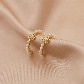 Faux Pearl Flower Half-hoop Earring 1 Pair - Gold - One Size