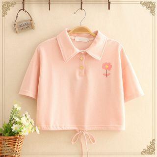 Floral Print Drawstring Short-sleeve Polo Top