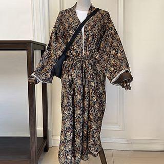 Long-sleeve Elastic-waist Pattern Maxi Jacket As Shown In Figure - One Size