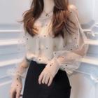Set: Dotted Long-sleeve Mesh Top + Slit Fitted Skirt Set - Top - Almond - One Size / Slit Fitted Skirt - Black - One Size