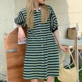 Short-sleeve Striped Collared T-shirt Dress Green - One Size