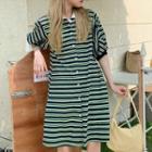 Short-sleeve Striped Collared T-shirt Dress Green - One Size