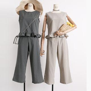 Set: Ruffled-hem Sleeveless Plaid Top + High-waist Plaid Pants