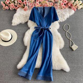 V-neck Tie-waist Denim Boot-cut Jumpsuit