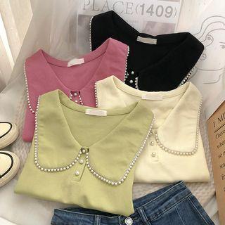 Puff-sleeve Faux Pearl Trim Blouse