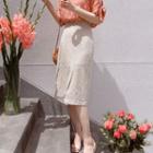 Band-waist Slit-side Linen Blend Skirt Beige - One Size