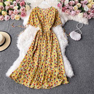 V-neck Short-sleeve Floral Print Midi Dress