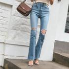Cutout-knee Washed Boot-cut Jeans