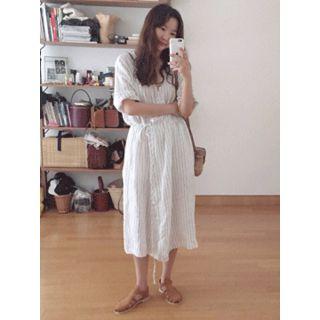 Wrap-front Striped Linen Dress
