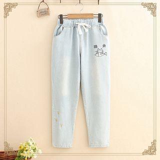 Cat & Fish Embroidered Drawstring Jeans