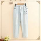 Cat & Fish Embroidered Drawstring Jeans