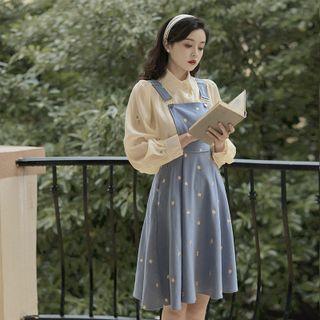 Puff-sleeve Floral Embroidered Blouse / Floral Embroidered Overall Dress / Set