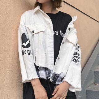 Lettering Plaid Panel Denim Jacket