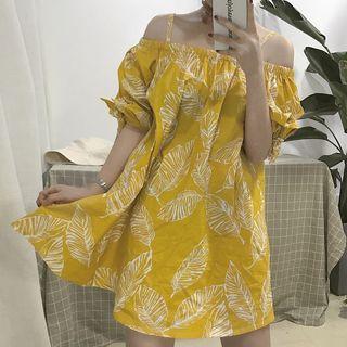 Leaf Print Cold-shoulder Sundress