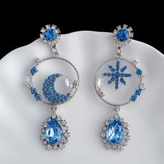 Moon & Star Faux Crystal Asymmetrical Dangle Earring 1 Pair - Silver & Blue - One Size