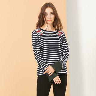 Long-sleeved Floral Print Embroidered Striped Slim T-shirt